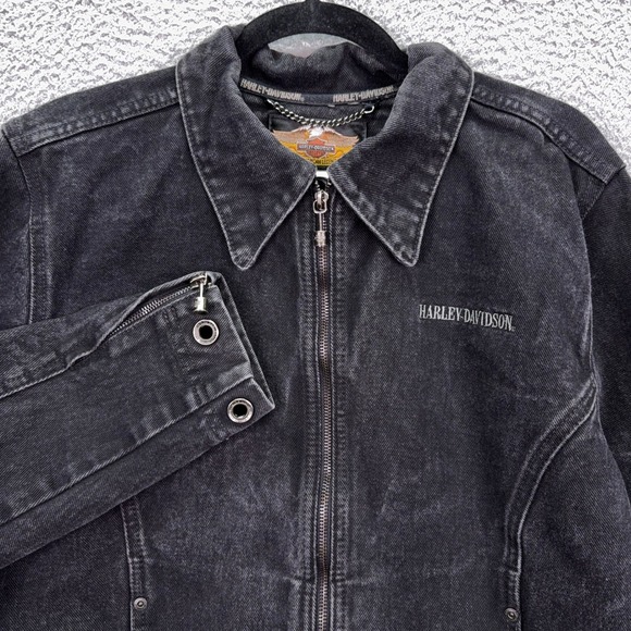 Harley-Davidson Jackets & Blazers - Harley-Davidson Jacket Womens L Faded Black Denim Zip Biker Winged Logo Rugged